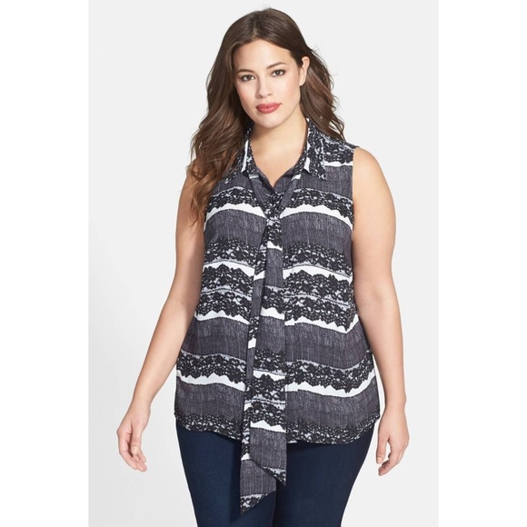 Vince Camuto Tops - TUSALE VINCE CAMUTO Lace Print Tie Neck Blouse Top